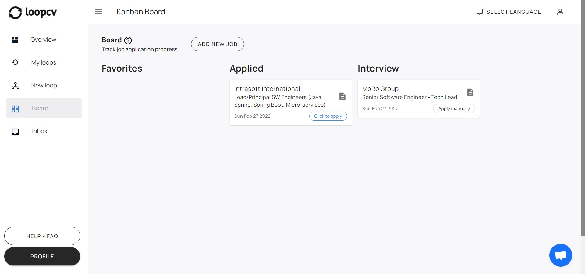 LoopCV kanban board